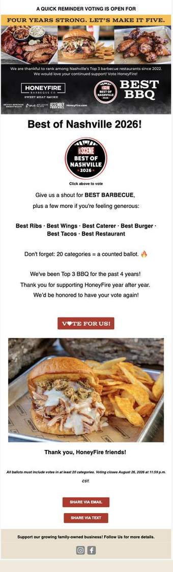 Best of Nashville voting campaign for HoneyFire Barbeque